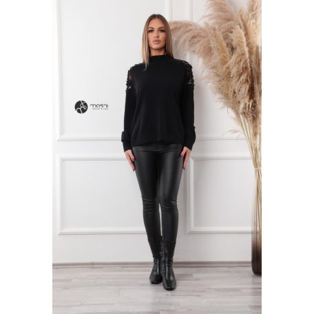 Gyöngyös vállú kötött pulcsi fekete