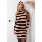 Félgarbós nyakú csíkos kötött ruha nude/fekete