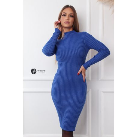 Bordás félgarbós nyakú kötött ruha királykék