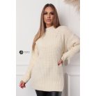 Félgarbós nyakú hosszú kötött pulcsi krém