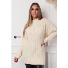 Félgarbós nyakú hosszú kötött pulcsi krém