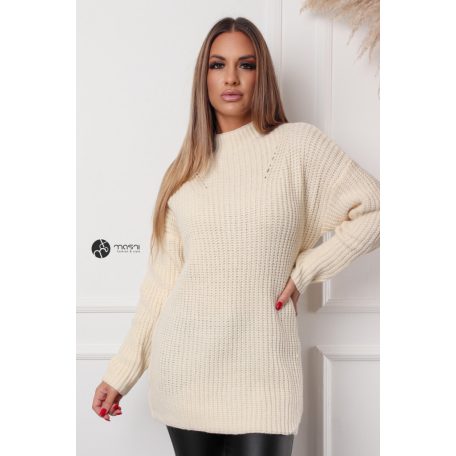 Félgarbós nyakú hosszú kötött pulcsi krém