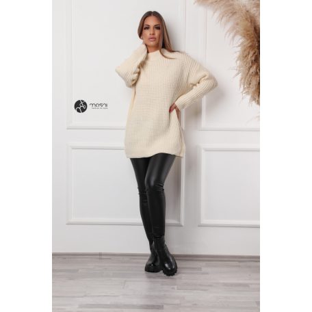 Félgarbós nyakú hosszú kötött pulcsi krém