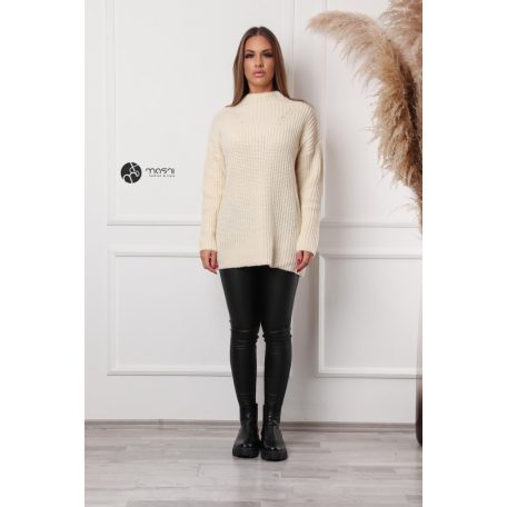 Félgarbós nyakú hosszú kötött pulcsi krém