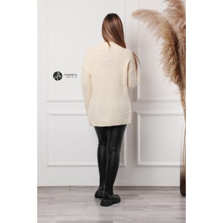 Félgarbós nyakú hosszú kötött pulcsi krém