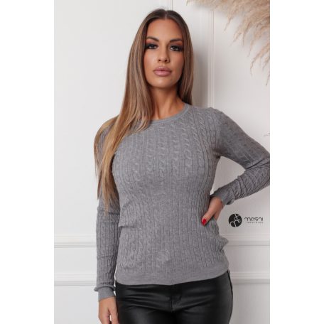 Kerek nyakú fonott mintás kötött felső szürke