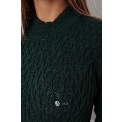 Félgarbós nyakú fonott mintás kötött ruha sötétzöld
