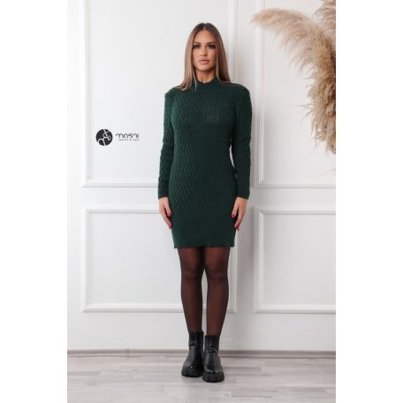 Félgarbós nyakú fonott mintás kötött ruha sötétzöld