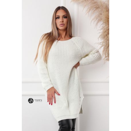 Csónak nyakú kétoldalt felvágott kötött tunika/ruha fehér