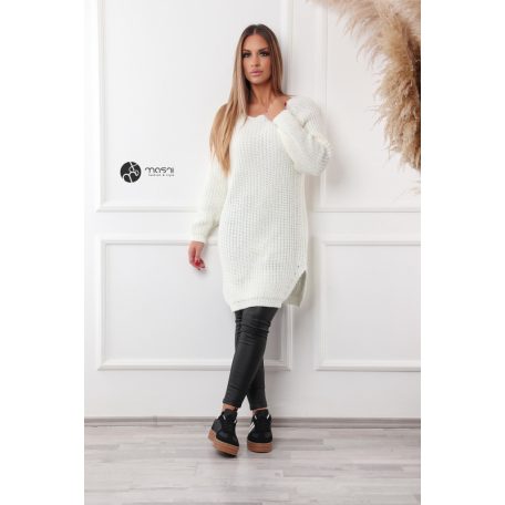 Csónak nyakú kétoldalt felvágott kötött tunika/ruha fehér