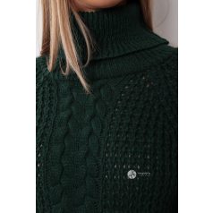   Garbós nyakú középen fonott mintás kötött ruha sötétzöld