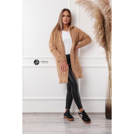 Kapucnis, fonott mintás hosszú kötött kardigán camel