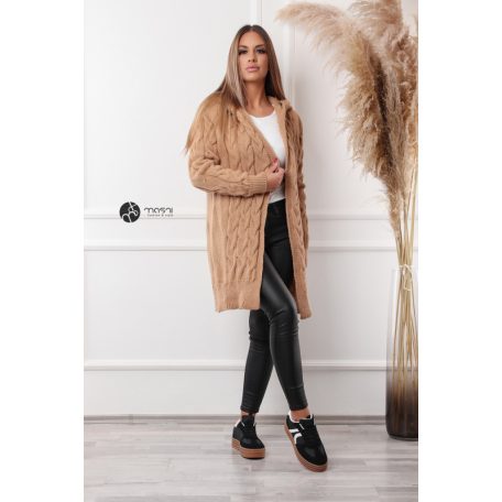 Kapucnis, fonott mintás hosszú kötött kardigán camel