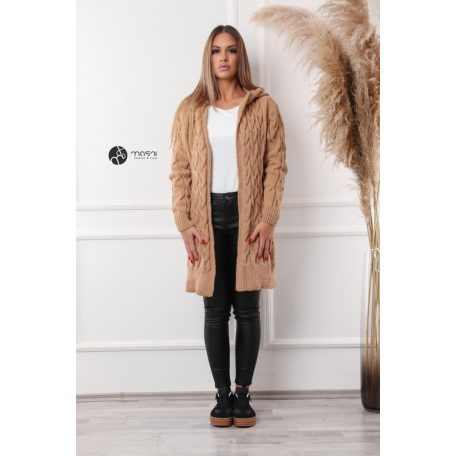 Kapucnis, fonott mintás hosszú kötött kardigán camel