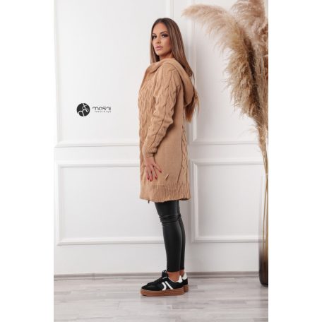 Kapucnis, fonott mintás hosszú kötött kardigán camel