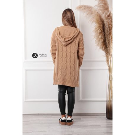 Kapucnis, fonott mintás hosszú kötött kardigán camel