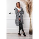 Kapucnis, fonott mintás hosszú kötött kardigán szürke
