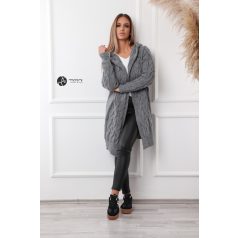 Kapucnis, fonott mintás hosszú kötött kardigán szürke
