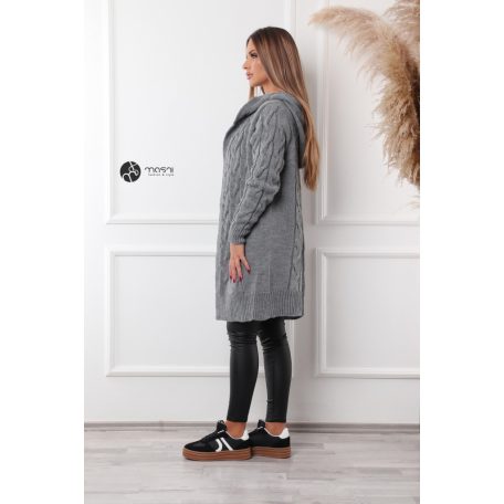 Kapucnis, fonott mintás hosszú kötött kardigán szürke