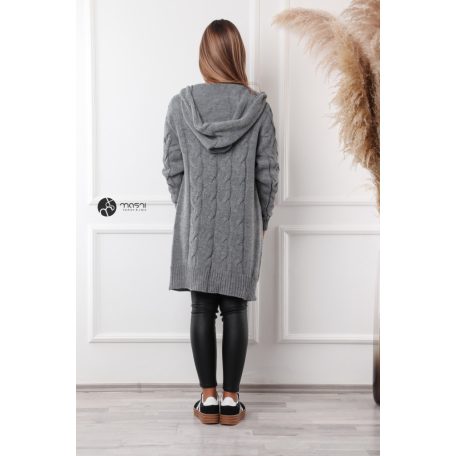Kapucnis, fonott mintás hosszú kötött kardigán szürke