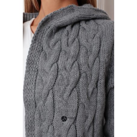 Kapucnis, fonott mintás hosszú kötött kardigán szürke