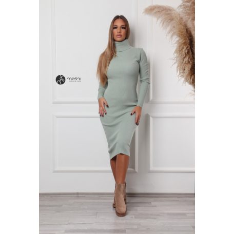 Garbós nyakú bordás anyagú ruha pisztácia zöld