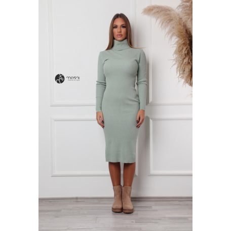 Garbós nyakú bordás anyagú ruha pisztácia zöld