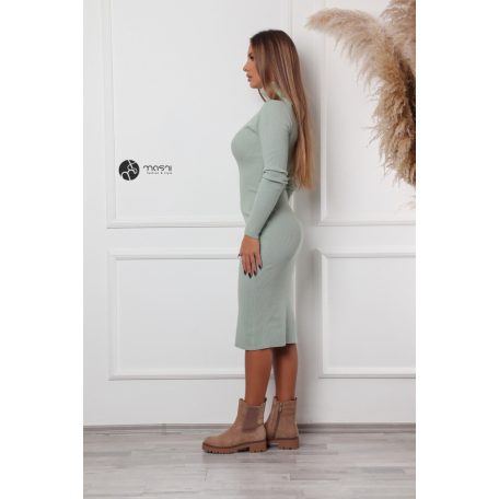 Garbós nyakú bordás anyagú ruha pisztácia zöld