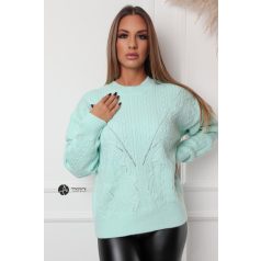 Magas nyakú fonott mintás kötött pulcsi menta