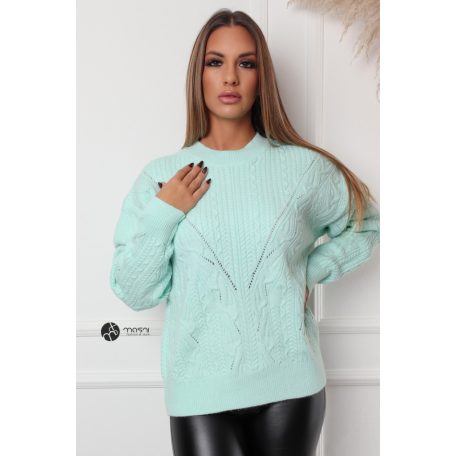 Magas nyakú fonott mintás kötött pulcsi menta