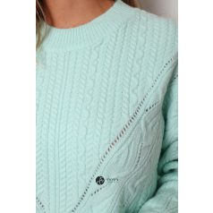 Magas nyakú fonott mintás kötött pulcsi menta