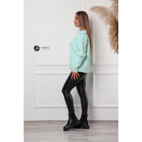 Magas nyakú fonott mintás kötött pulcsi menta