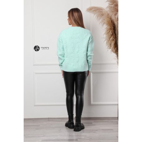 Magas nyakú fonott mintás kötött pulcsi menta