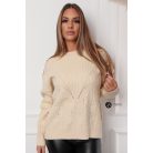Magas nyakú fonott mintás kötött pulcsi bézs