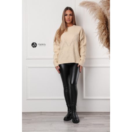 Magas nyakú fonott mintás kötött pulcsi bézs