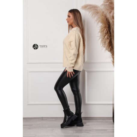 Magas nyakú fonott mintás kötött pulcsi bézs