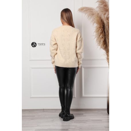 Magas nyakú fonott mintás kötött pulcsi bézs
