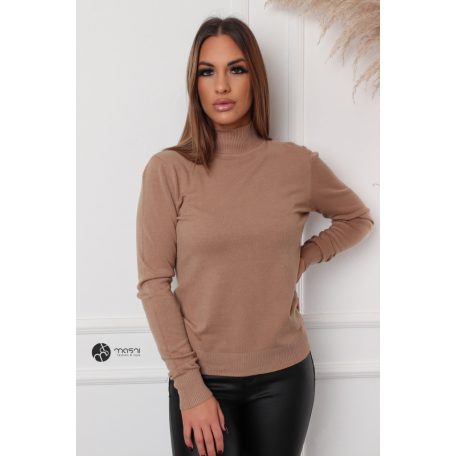 Félgarbós nyakú kötött basic felső camel