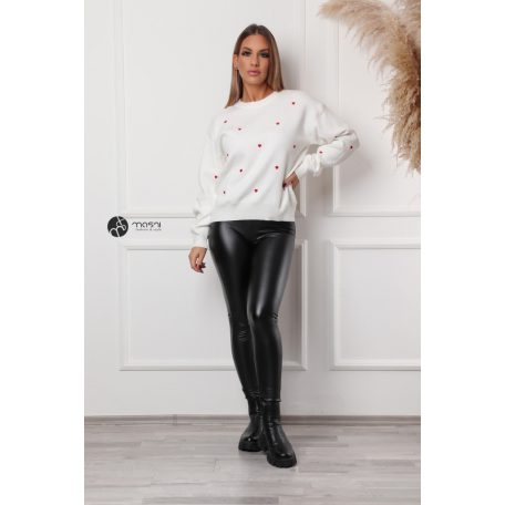 Hímzett szívecskés kötött pulcsi fehér