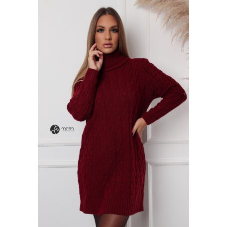 Garbós nyakú fonott mintás kötött tunika/ruha bordó
