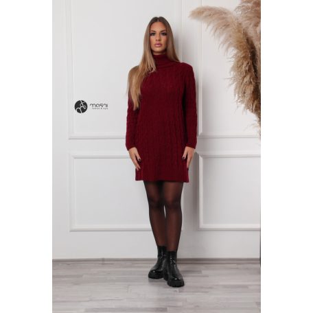 Garbós nyakú fonott mintás kötött tunika/ruha bordó
