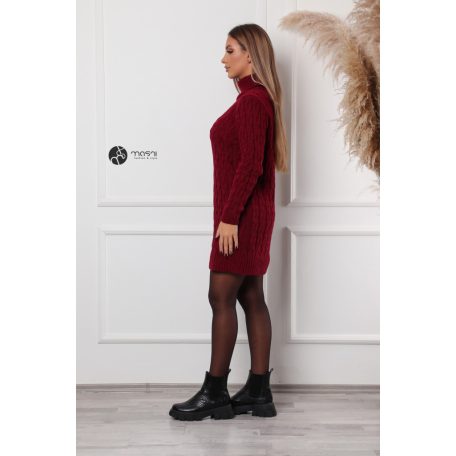 Garbós nyakú fonott mintás kötött tunika/ruha bordó