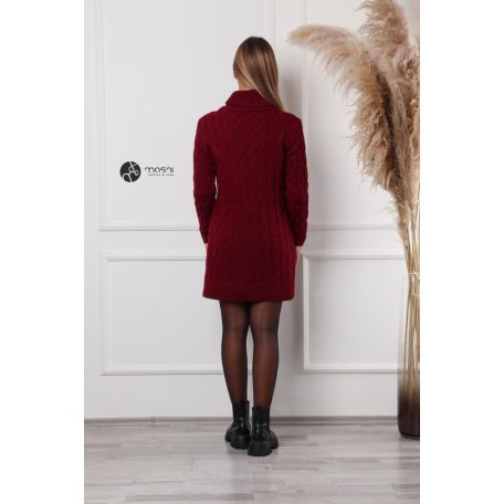 Garbós nyakú fonott mintás kötött tunika/ruha bordó