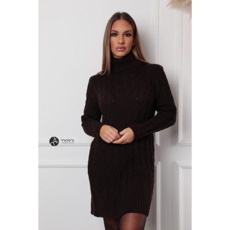 Garbós nyakú fonott mintás kötött tunika/ruha sötétbarna