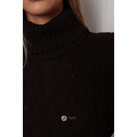 Garbós nyakú fonott mintás kötött tunika/ruha sötétbarna