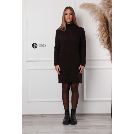 Garbós nyakú fonott mintás kötött tunika/ruha sötétbarna