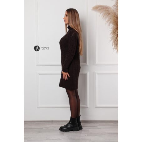 Garbós nyakú fonott mintás kötött tunika/ruha sötétbarna