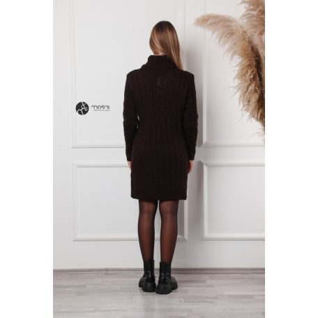 Garbós nyakú fonott mintás kötött tunika/ruha sötétbarna