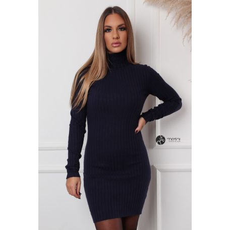 Garbós nyakú, bordás anyagú kötött ruha sötétkék