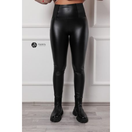 Magas - gumi betétes derekú műbőr leggings fekete